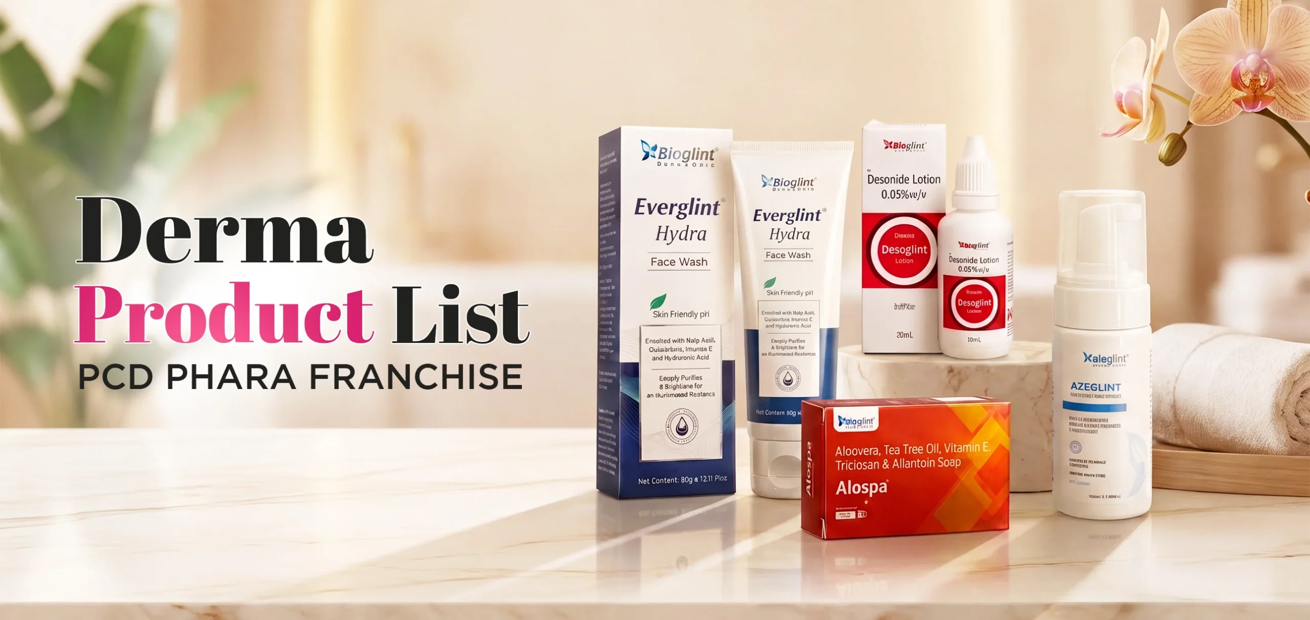 Derma product list for PCD Pharma Franchise featuring Bioglint dermatology products including face wash, lotion, soap and skincare solutions.